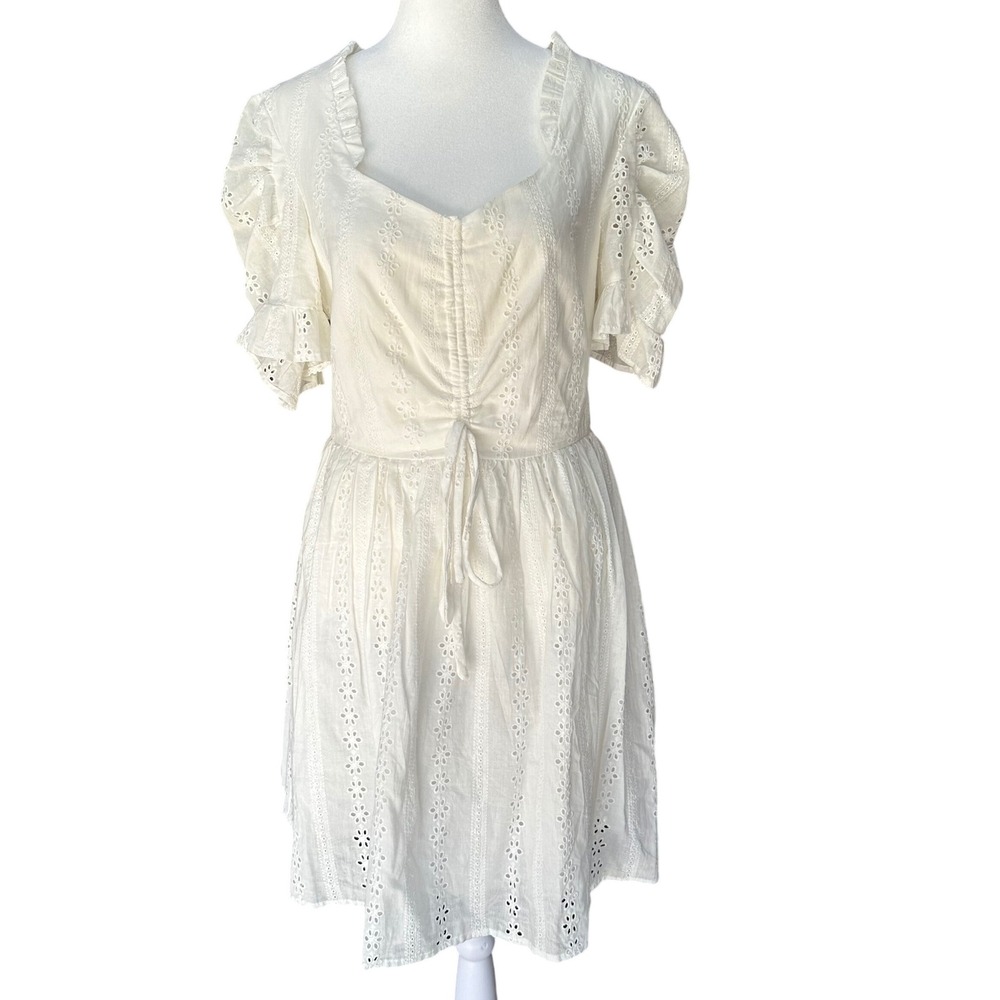 Smak Parlour Eyelet Dress M White Milkmaid Cotton Ruffle Sleeve Mini Women's